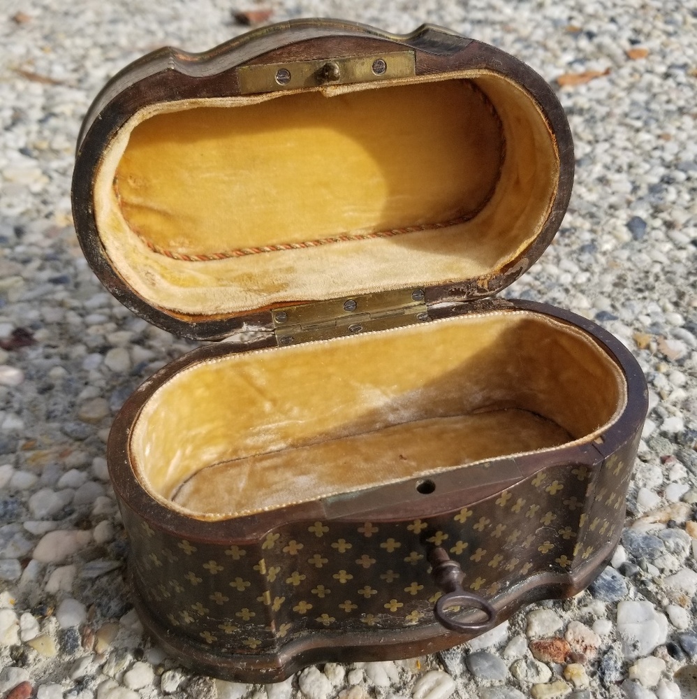 Antique Velvet Wooden Victorian Brass Jewelry Box